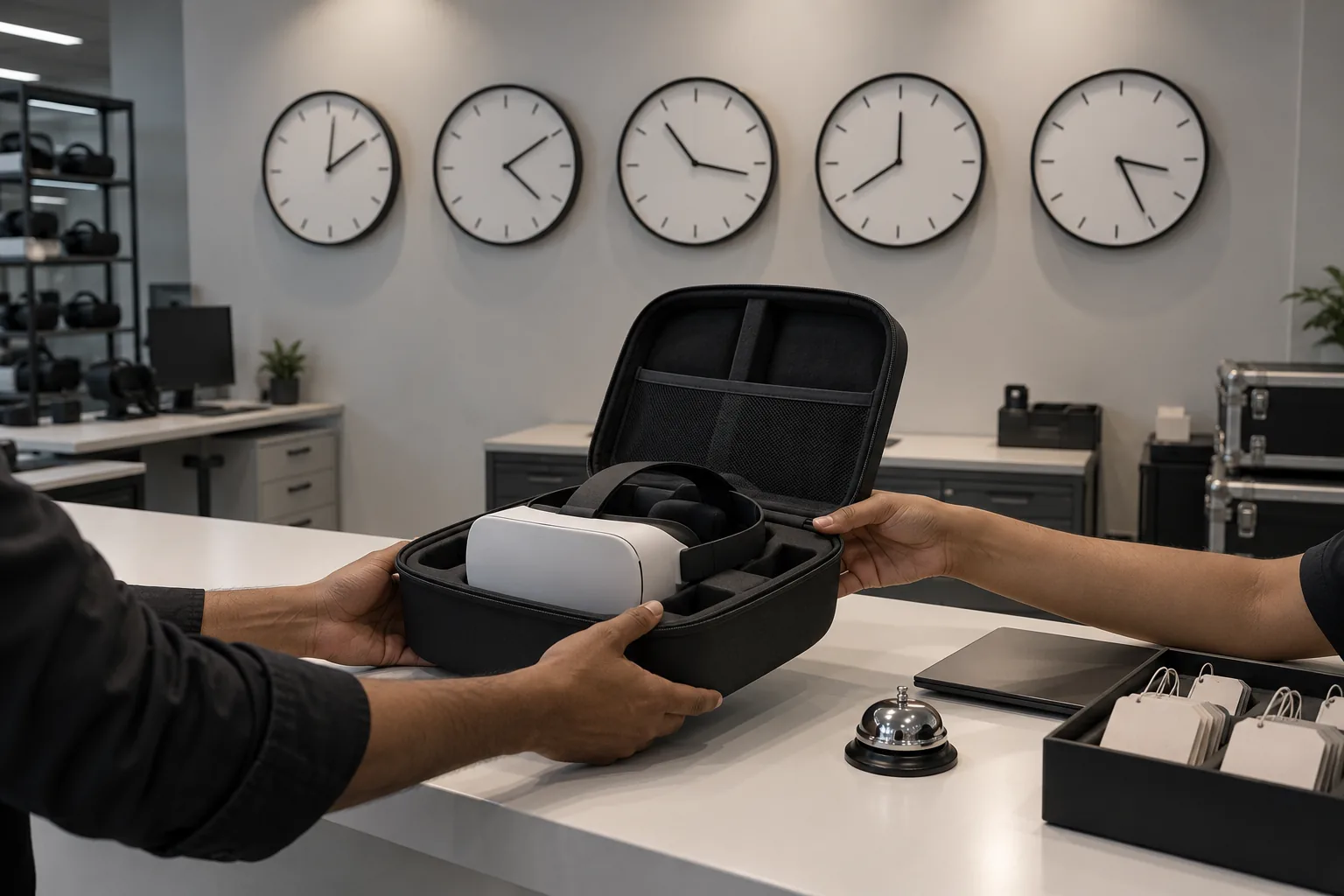 A row of clocks above a service counter as a headset case is handed over