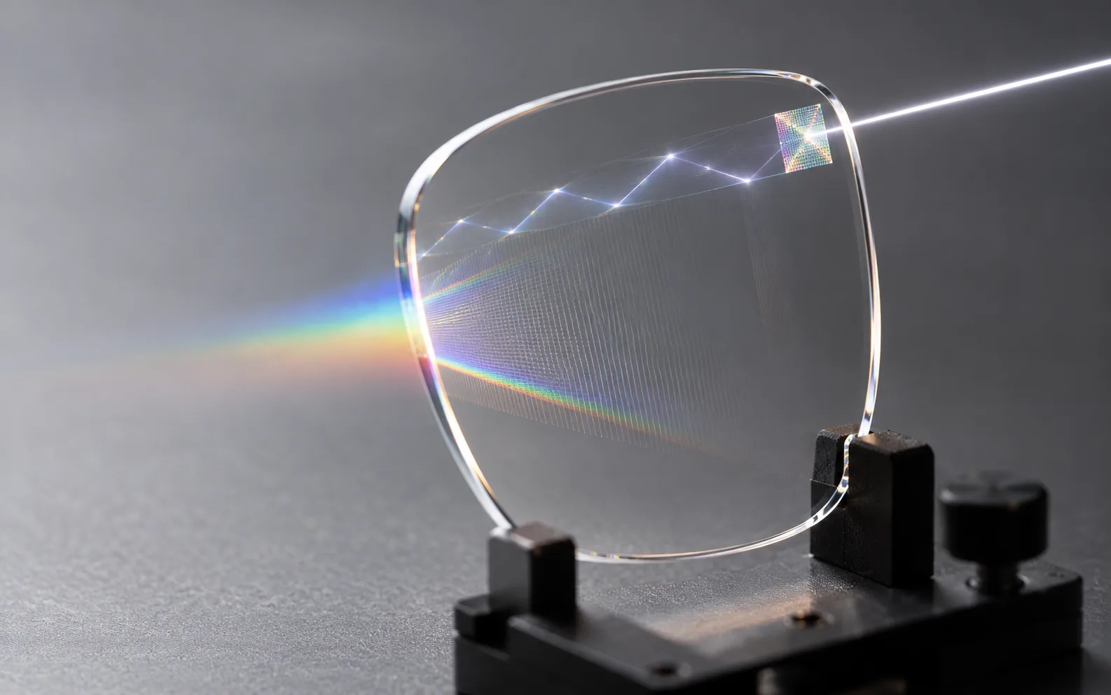 A waveguide lens in a clamp with a light beam entering and a prism fringe leaving