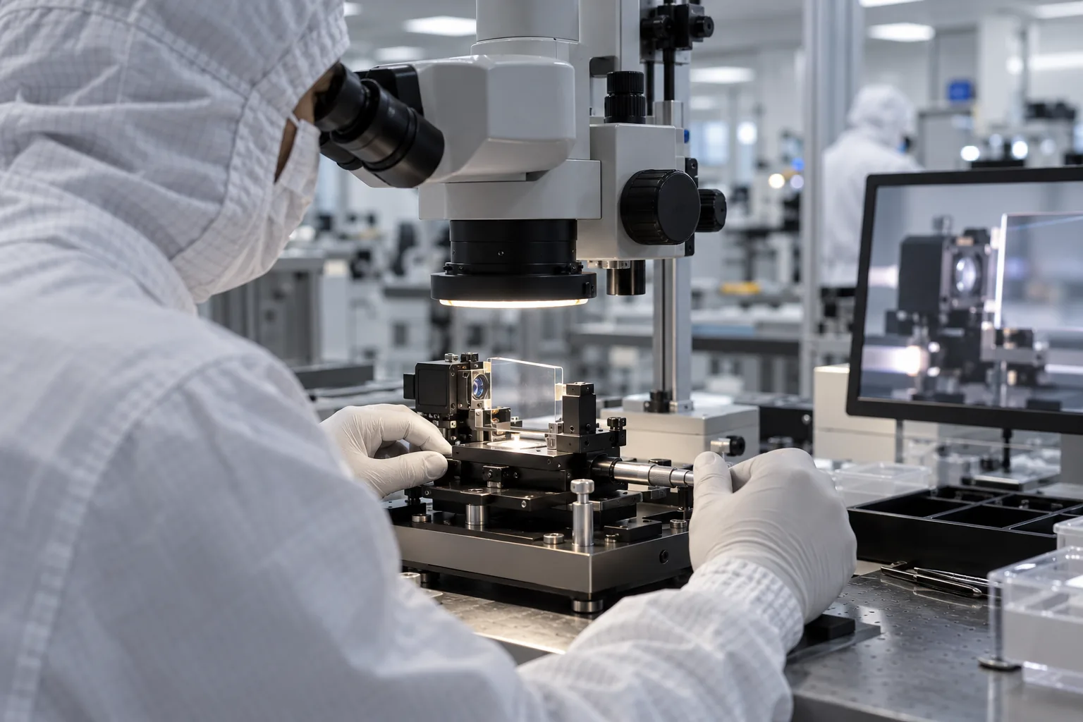 A clean-room engineer at a microscope aligning an optical module